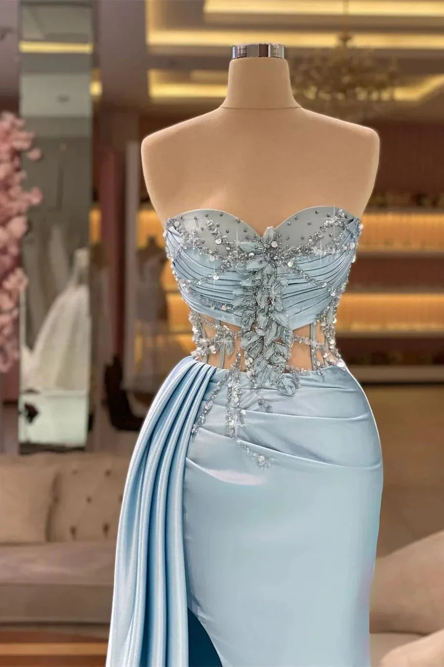 Beautiful Long Blue Mermaid Sleeveless Beading Prom Dress With Slit - Image 2