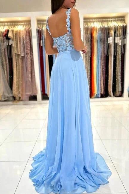Beautiful Long Blue Simple Straps Appliques Sleeveless Evening Dresses With Slit - Image 2