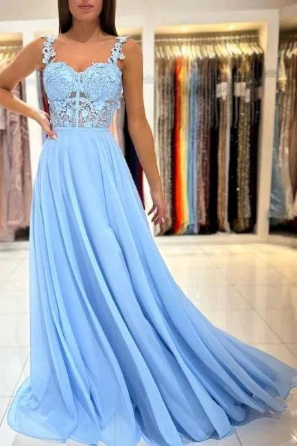 Beautiful Long Blue Simple Straps Appliques Sleeveless Evening Dresses With Slit - Image 3