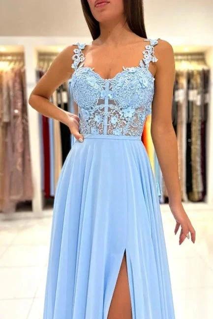 Beautiful Long Blue Simple Straps Appliques Sleeveless Evening Dresses With Slit - Image 4