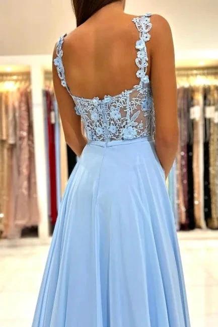 Beautiful Long Blue Simple Straps Appliques Sleeveless Evening Dresses With Slit - Image 5