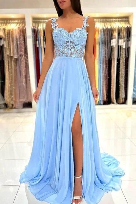 Beautiful Long Blue Simple Straps Appliques Sleeveless Evening Dresses With Slit - Image 6