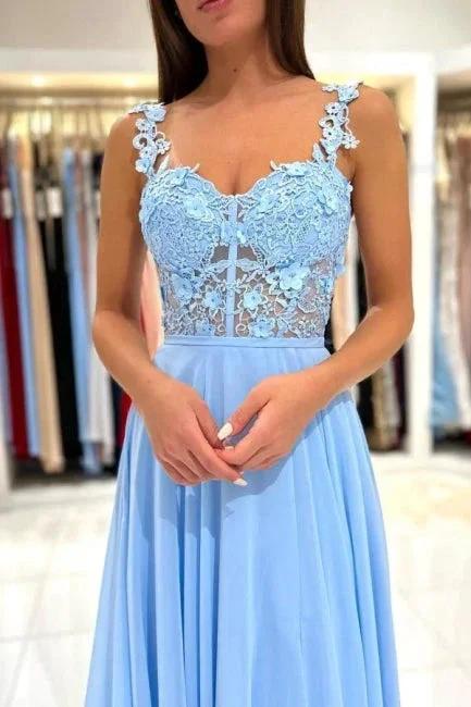 Beautiful Long Blue Simple Straps Appliques Sleeveless Evening Dresses With Slit - Image 8