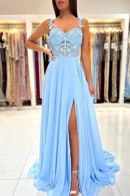 Beautiful Long Blue Simple Straps Appliques Sleeveless Evening Dresses With Slit - Image 9