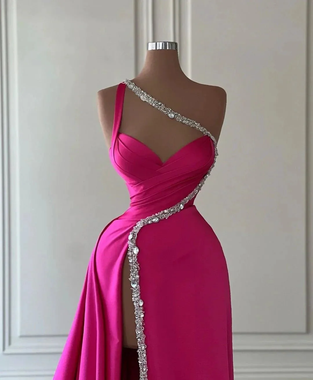 Beautiful Long Fuchsia One Shoulder Jewels Sleeveless Prom Dress With Slit - Image 2