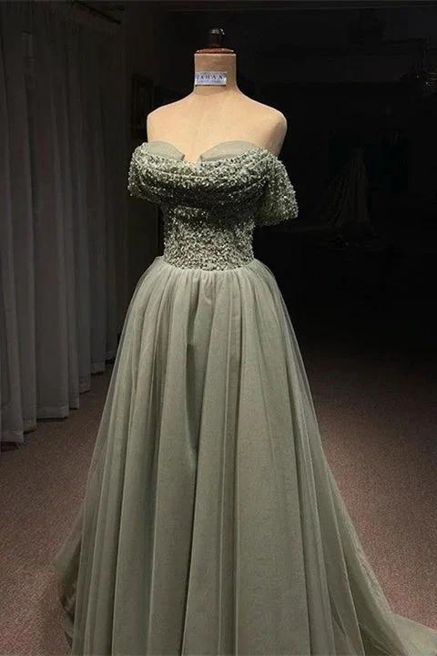 Beautiful Long Green A-line Off-the-shoulder Sequined Beading Prom Dress - Image 2