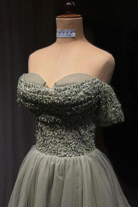 Beautiful Long Green A-line Off-the-shoulder Sequined Beading Prom Dress - Image 3