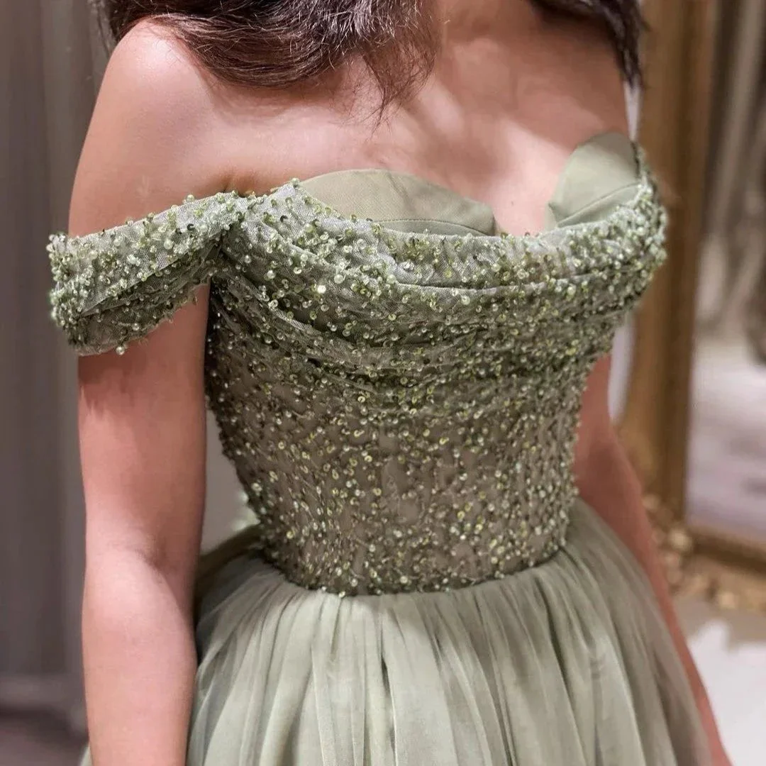 Beautiful Long Green A-line Off-the-shoulder Sequined Beading Prom Dress - Image 4