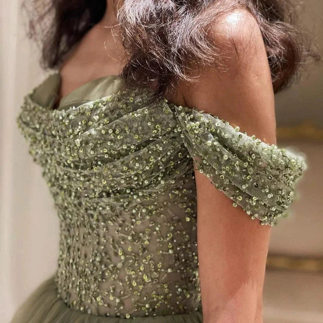 Beautiful Long Green A-line Off-the-shoulder Sequined Beading Prom Dress - Image 5