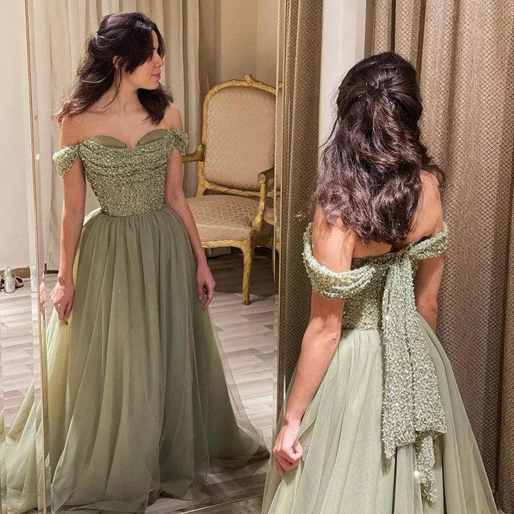 Beautiful Long Green A-line Off-the-shoulder Sequined Beading Prom Dress - Image 6