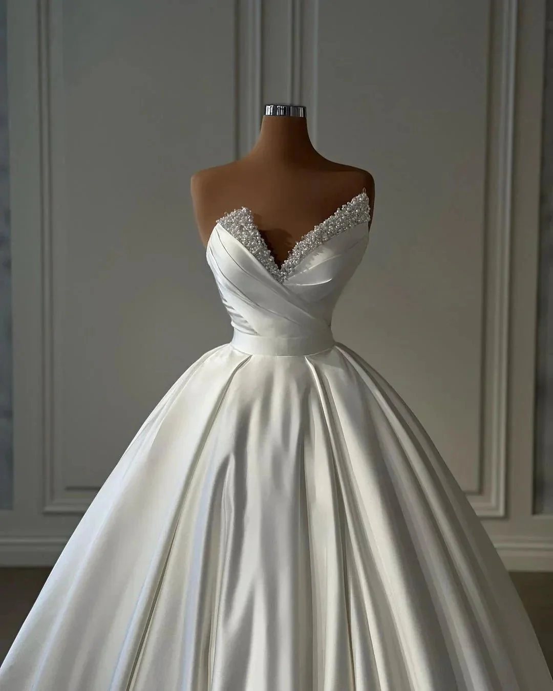 Beautiful Long Ivory A-line Satin Princess Wedding Dress With Pearls - Image 2