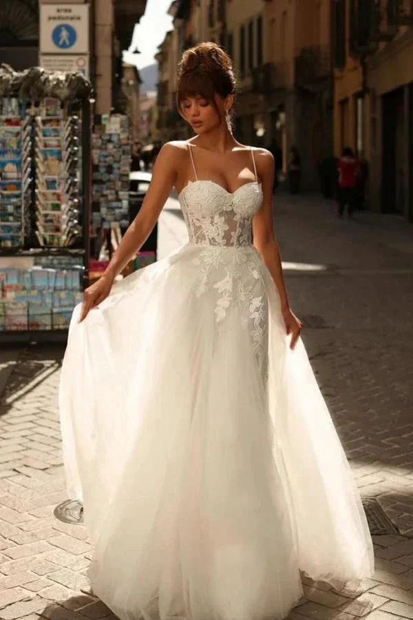 Beautiful Long Ivory A-line Spaghetti Straps Lace Tulle Wedding Dress - Image 2