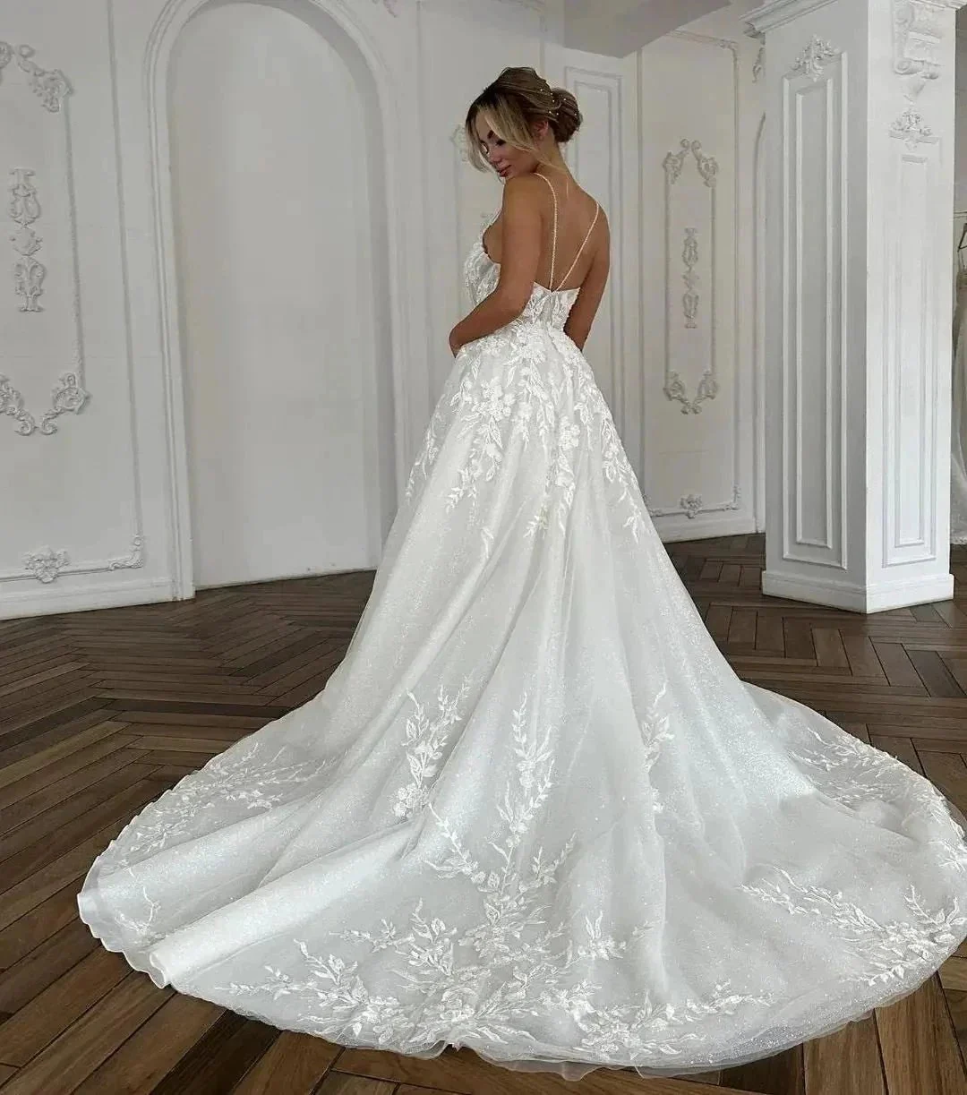 Beautiful Long Ivory A-line Spaghetti Straps V-neck Wedding Dress With Lace - Image 2