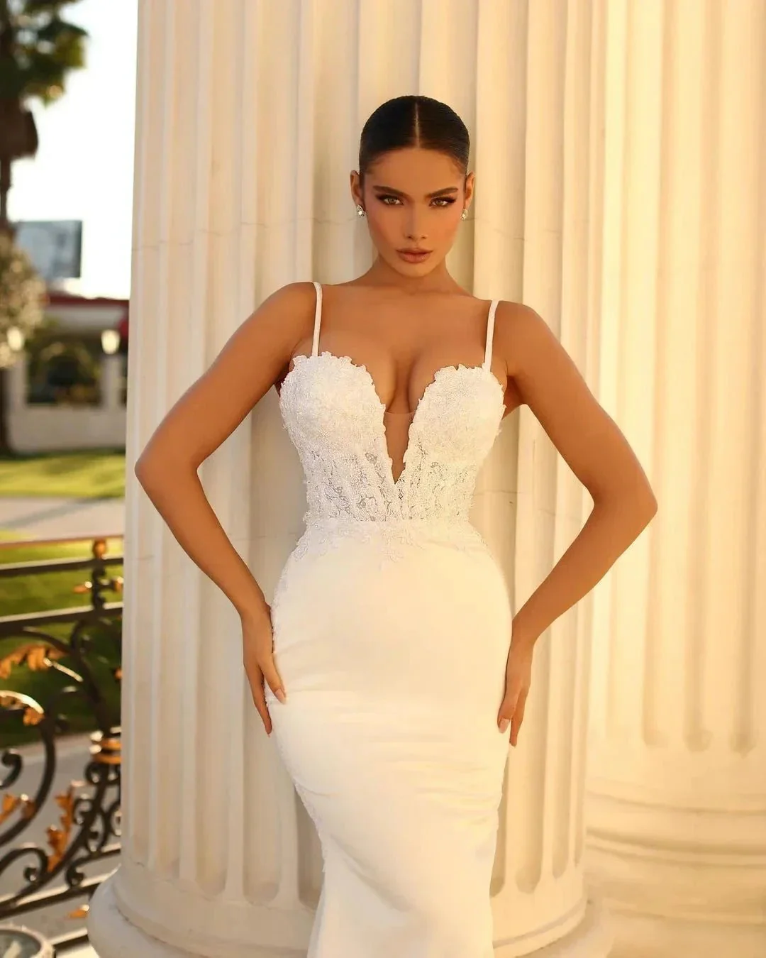 Beautiful Long Ivory Mermaid Spaghetti Straps Lace Satin Laced-up Wedding Dress - Image 3