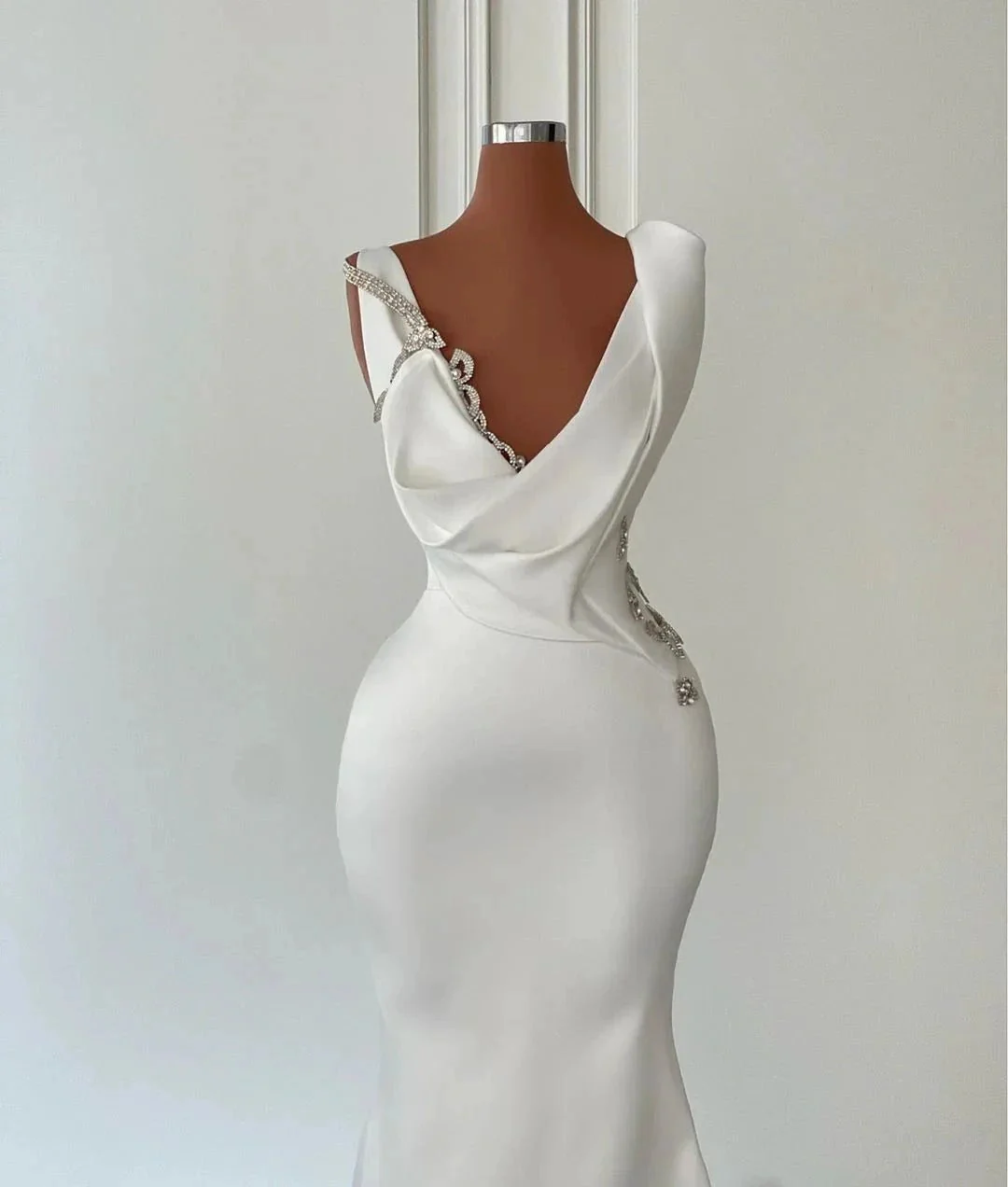 Beautiful Long Ivory Mermaid V-neck Satin Beading Sleeveless Wedding Dress - Image 2