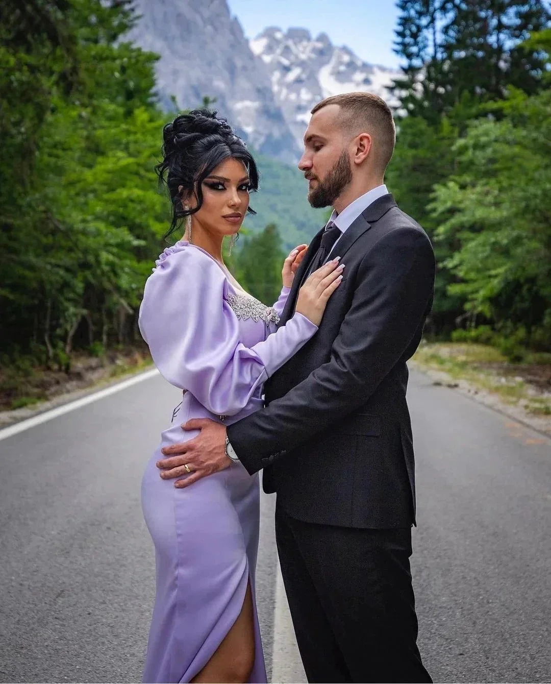 Beautiful Long Lilac Column Jewels Long Sleeves Prom Dress With Slit - Image 3