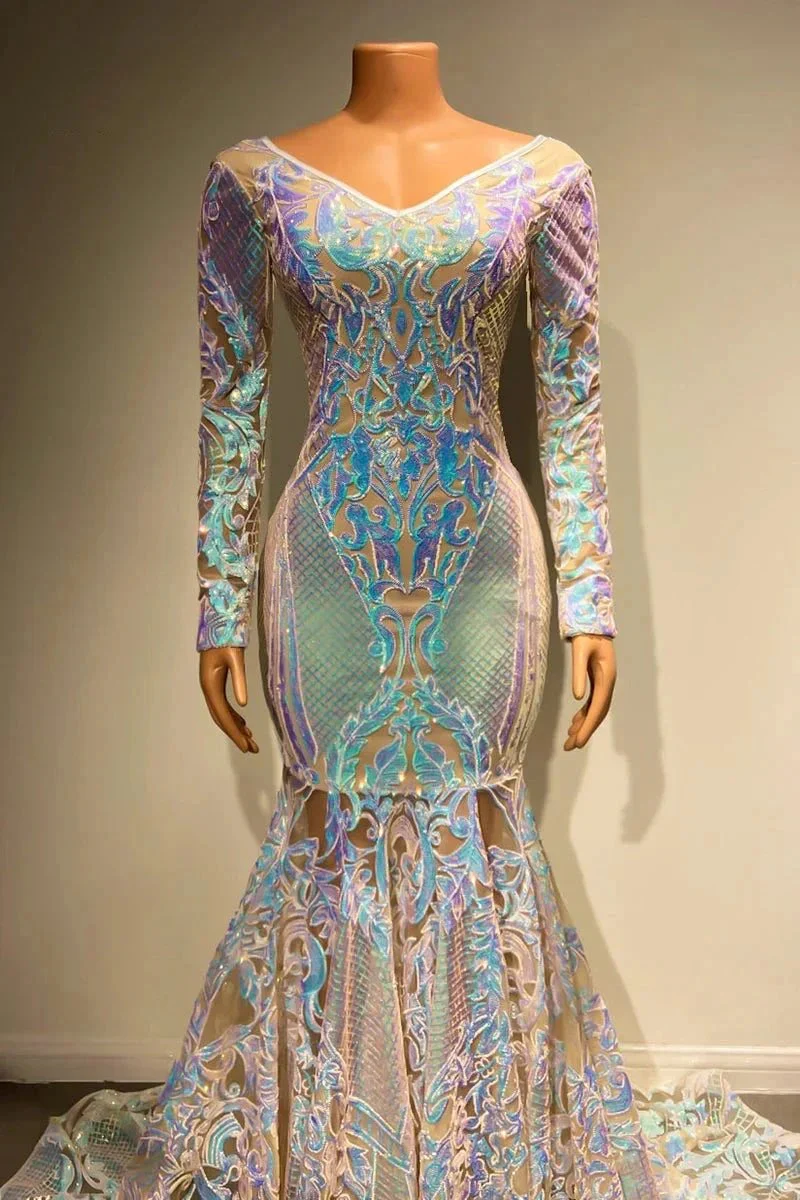Beautiful Long Mermaid Lace Long Sleeves Evening Dress With Train - Image 3