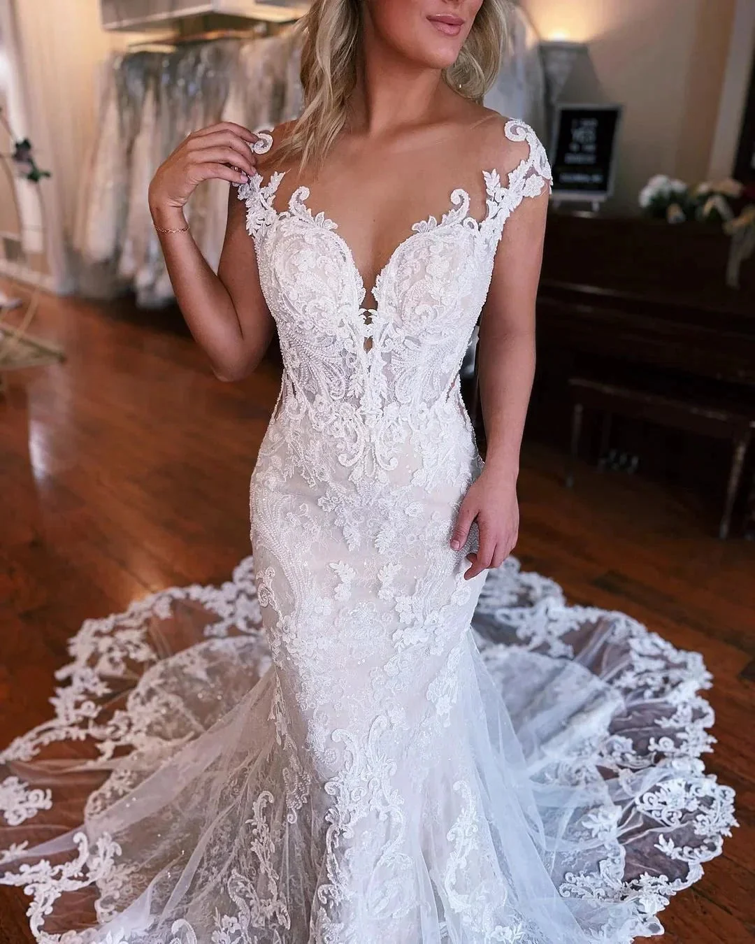 Beautiful Long Mermaid Lace Sleeveless Wedding Dress With Detachable Train - Image 2