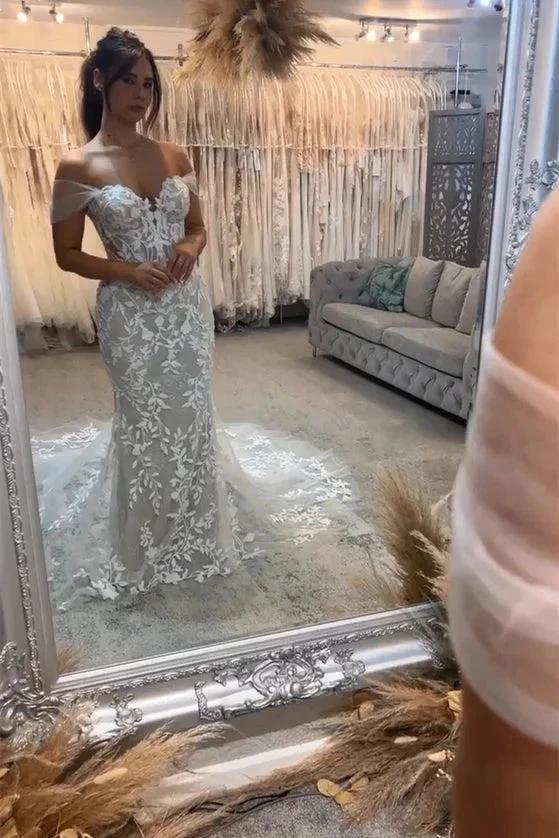 Beautiful Long Mermaid Off-the-shoulder Appliques Sleeveless Wedding Dress With Lace - Image 2