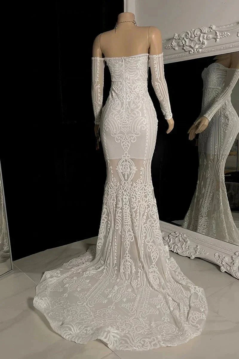 Beautiful Long Mermaid Off-the-shoulder Lace Long Sleeves Prom Dress With Train - Image 2