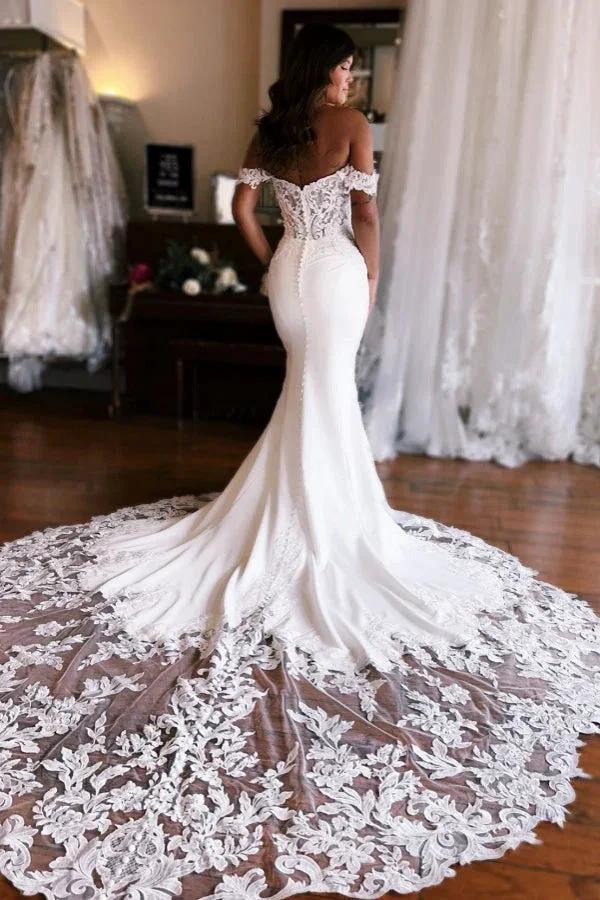 Beautiful Long Mermaid Off-the-shoulder Lace Satin Wedding Dress - Image 2