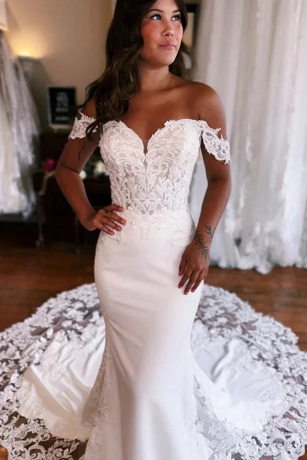 Beautiful Long Mermaid Off-the-shoulder Lace Satin Wedding Dress - Image 3