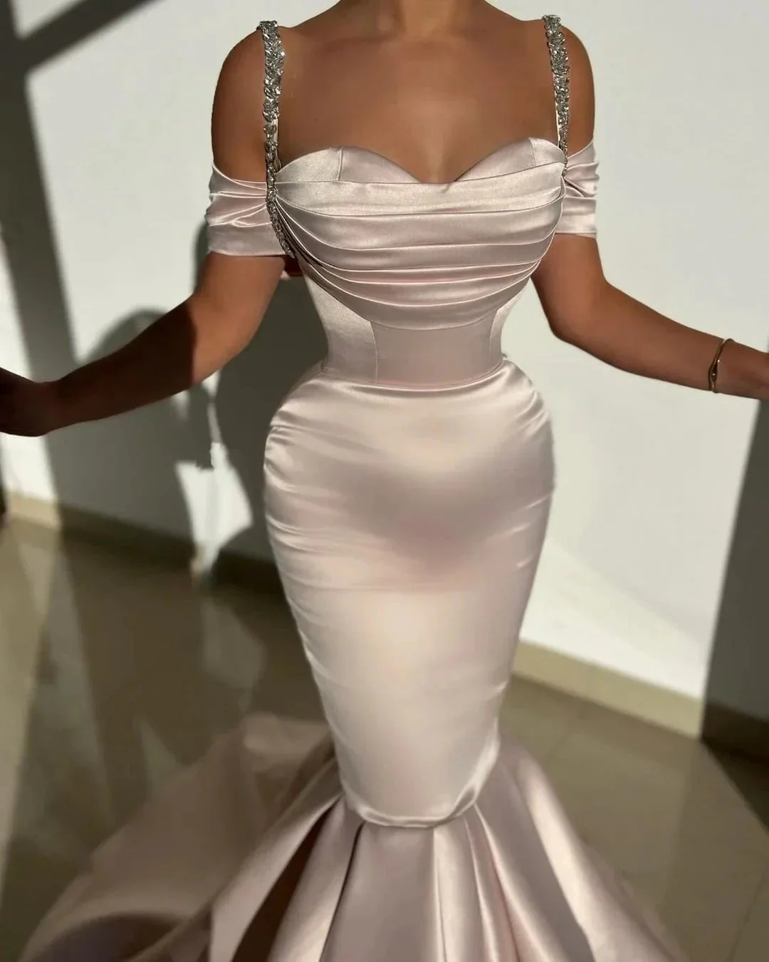 Beautiful Long Mermaid Off-the-shoulder Straps Satin Prom Dress With Train - Image 2