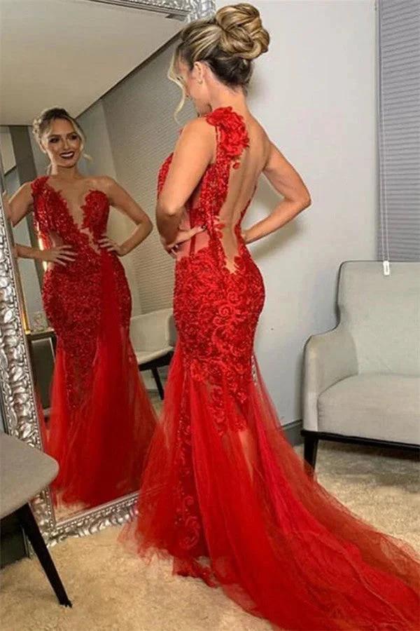 Beautiful Long Mermaid One Shoulder Lace Red Backless Prom Dress - Image 2