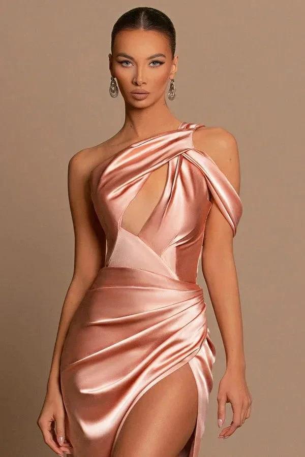Beautiful Long Mermaid One Shoulder Satin Prom Dress With Slit - Image 4