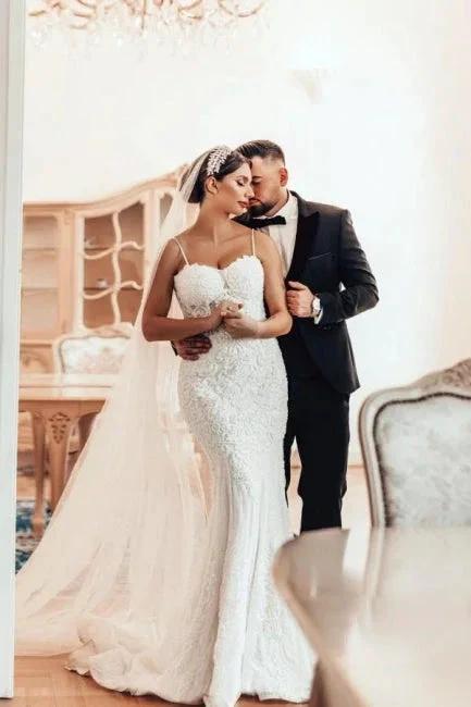 Beautiful Long Mermaid Spaghetti Straps Lace Sleeveless Wedding Dress - Image 2