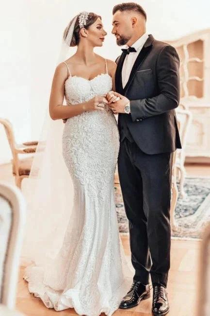 Beautiful Long Mermaid Spaghetti Straps Lace Sleeveless Wedding Dress - Image 3
