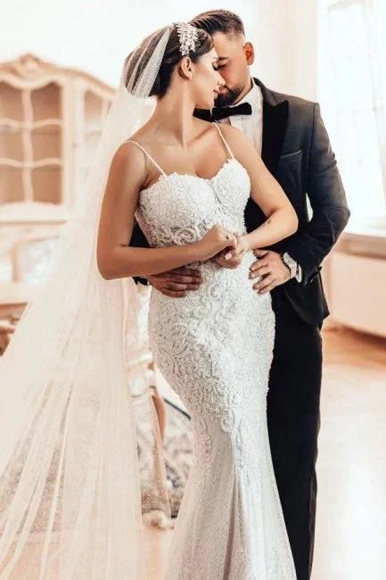 Beautiful Long Mermaid Spaghetti Straps Lace Sleeveless Wedding Dress - Image 4