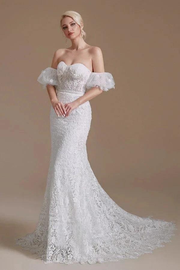 Beautiful Long Mermaid Sweetheart Lace Wedding Dresses with Detachable Sleeves - Image 2
