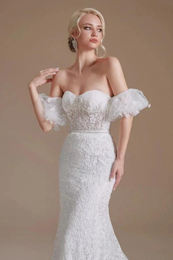 Beautiful Long Mermaid Sweetheart Lace Wedding Dresses with Detachable Sleeves - Image 7