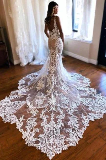Beautiful Long Mermaid V-neck Sleeveless Lace Backless Wedding Dress with Train - Image 2