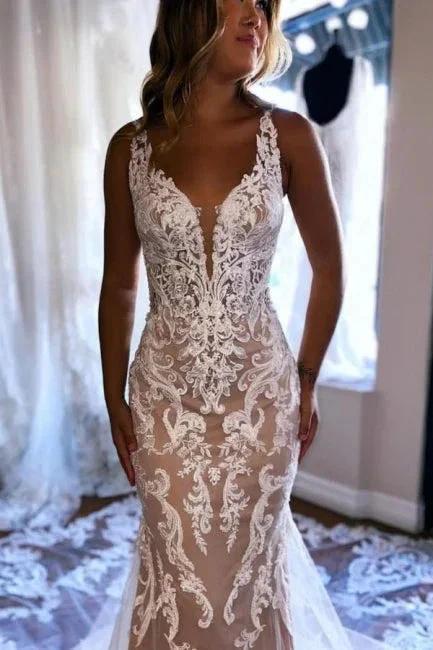 Beautiful Long Mermaid V-neck Sleeveless Lace Backless Wedding Dress with Train - Image 4
