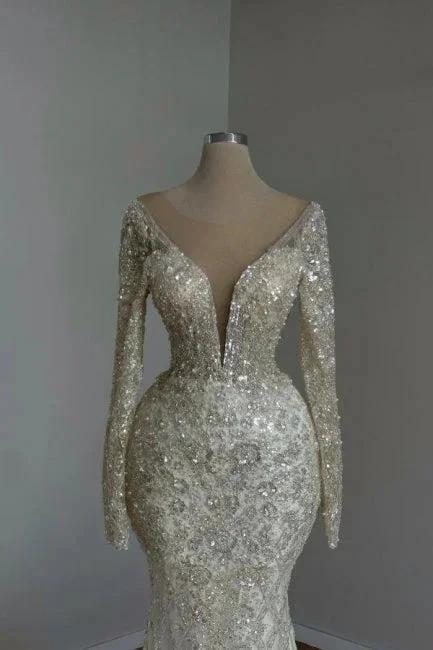 Beautiful Long Mermaid White V-neck Lace Glitter Prom Dresses With Long Sleeves - Image 2