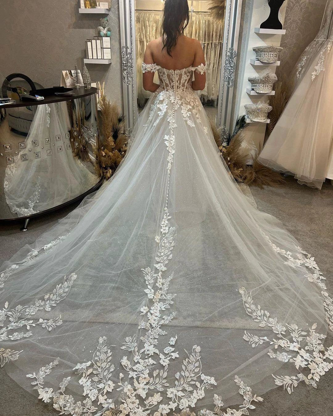 Beautiful Long Off-the-shoulder A-line Appliques Wedding Dress With Train - Image 2