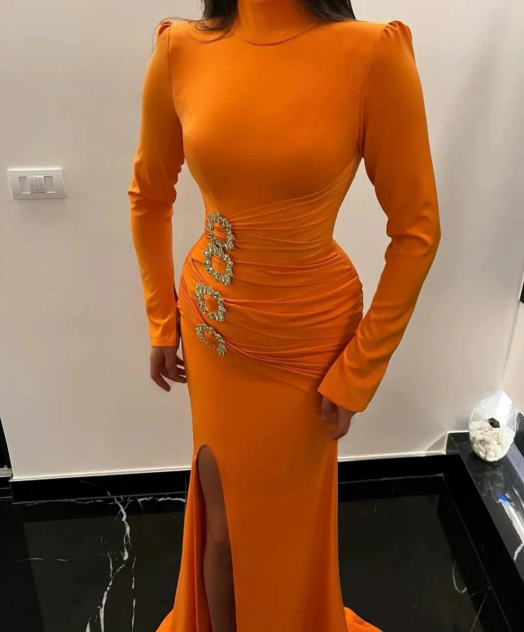 Beautiful Long Orange Mermaid High Neck Satin Long Sleeves Prom Dress With Slit - Image 2
