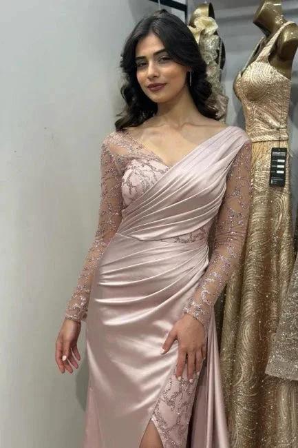 Beautiful Long Pink Mermaid Glitter Lace Split Front Prom Dresses with Long Sleeves - Image 2