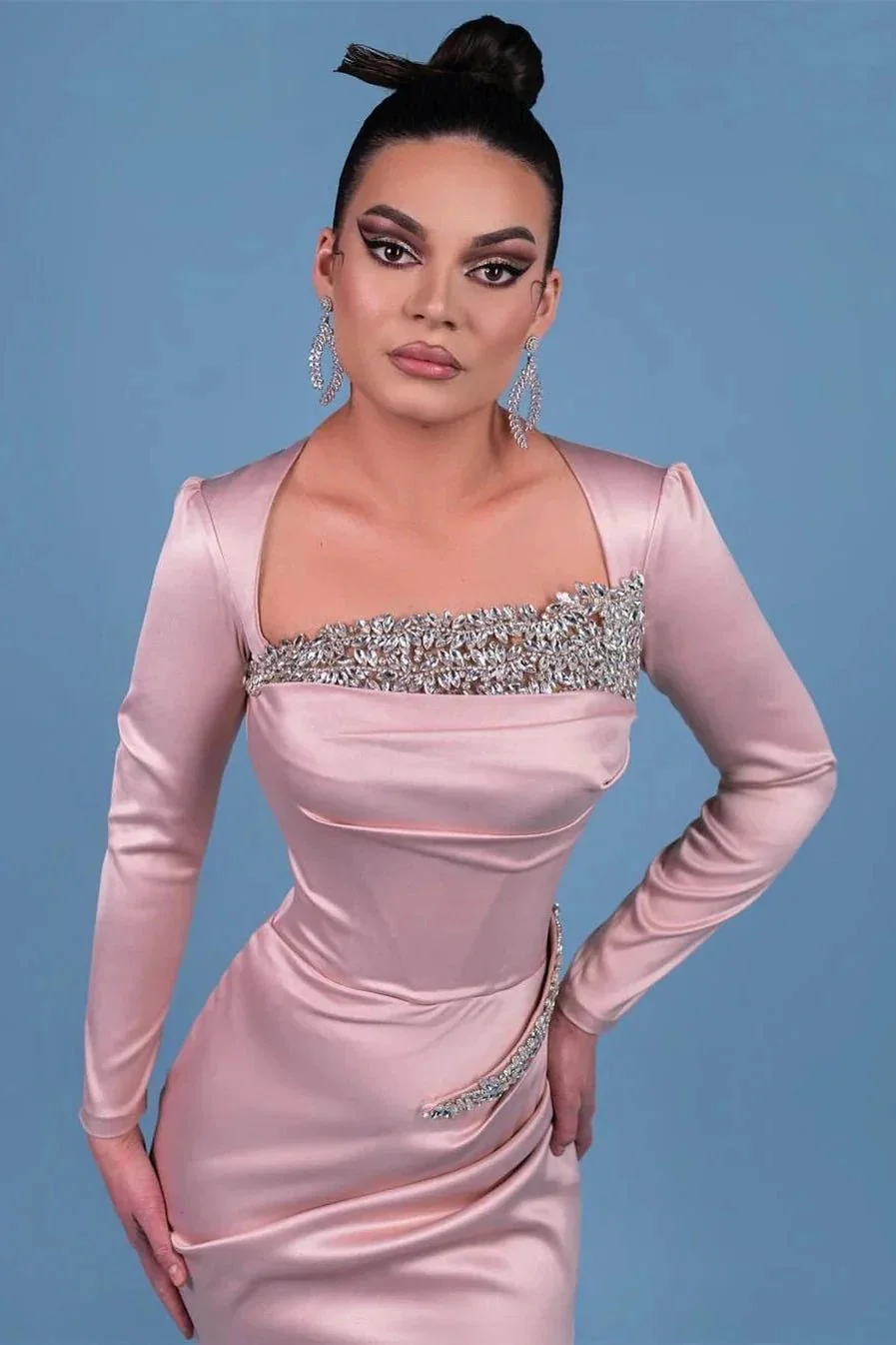 Beautiful Long Pink Mermaid Satin Prom Dress With Rhinestone - Image 2
