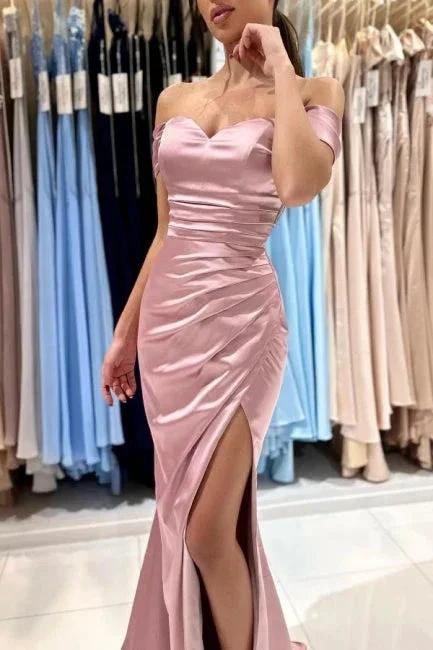 Beautiful Long Pink Off-the-shoulder Mermaid Sleeveless Evening Dresses With Slit - Image 4
