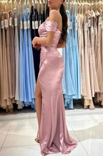 Beautiful Long Pink Off-the-shoulder Mermaid Sleeveless Evening Dresses With Slit - Image 5