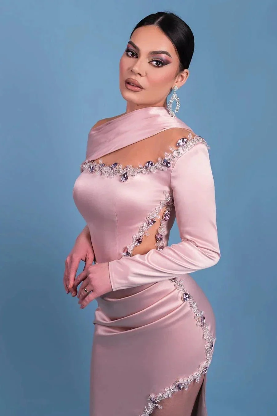 Beautiful Long Pink One-Shoulder Satin Mermaid Prom Dresses With Rhinestone - Image 2
