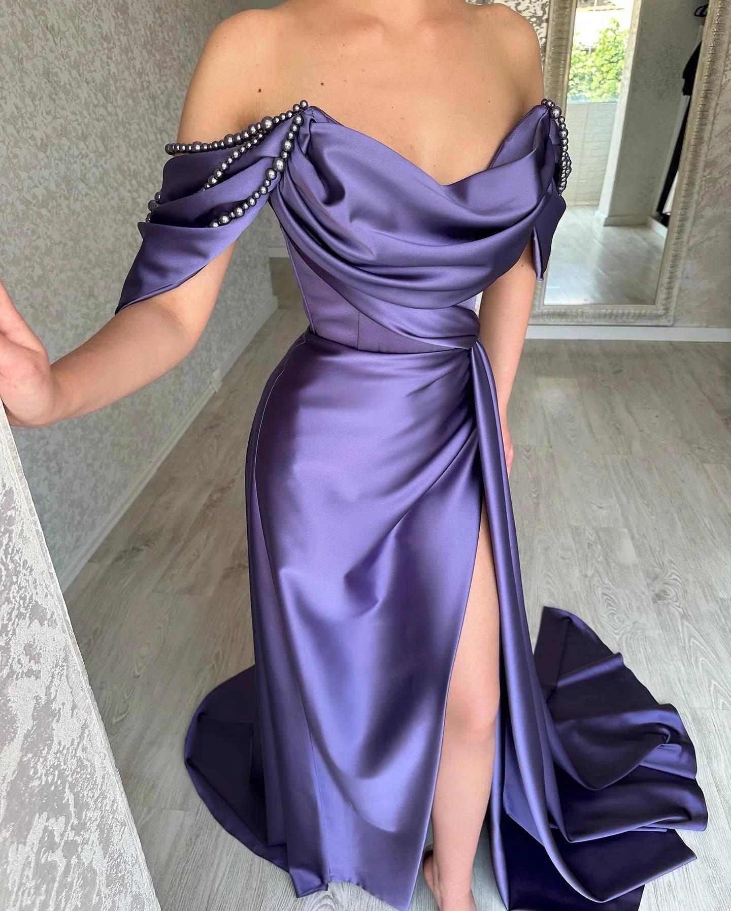Beautiful Long Purple A-line Off-the-shoulder Sleeveless Prom Dresses With Slit - Image 2