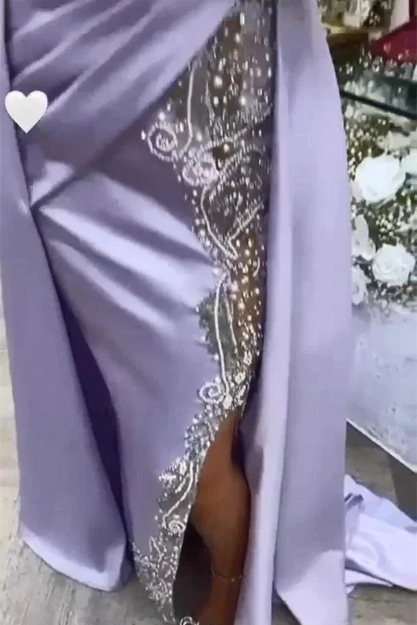 Beautiful Long Purple High Neck Lace Beading Satin Evening Dress With Slit - Image 2