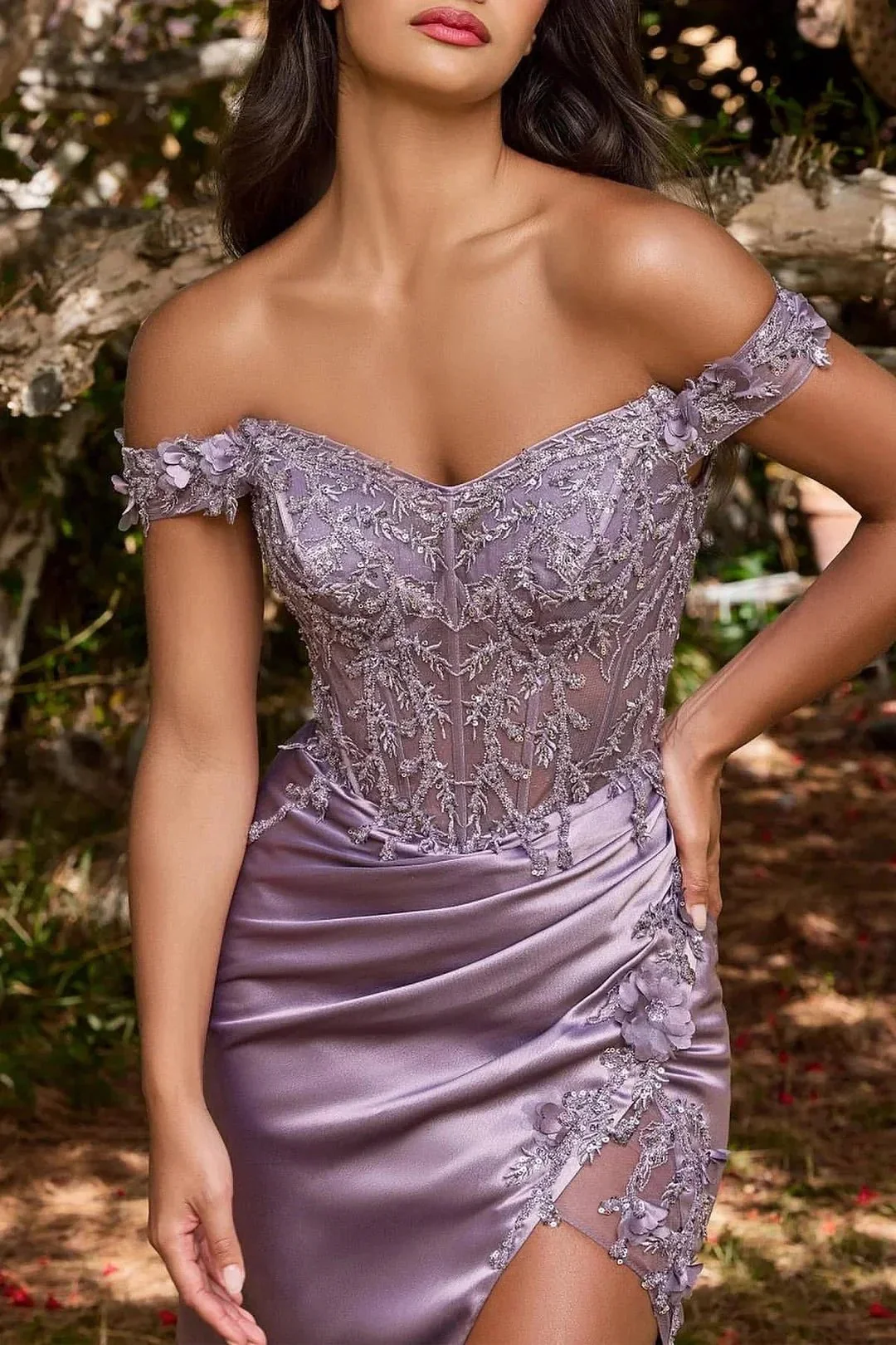 Beautiful Long Purple Off-the-shoulder Sleeveless Prom Dress With Slit - Image 3