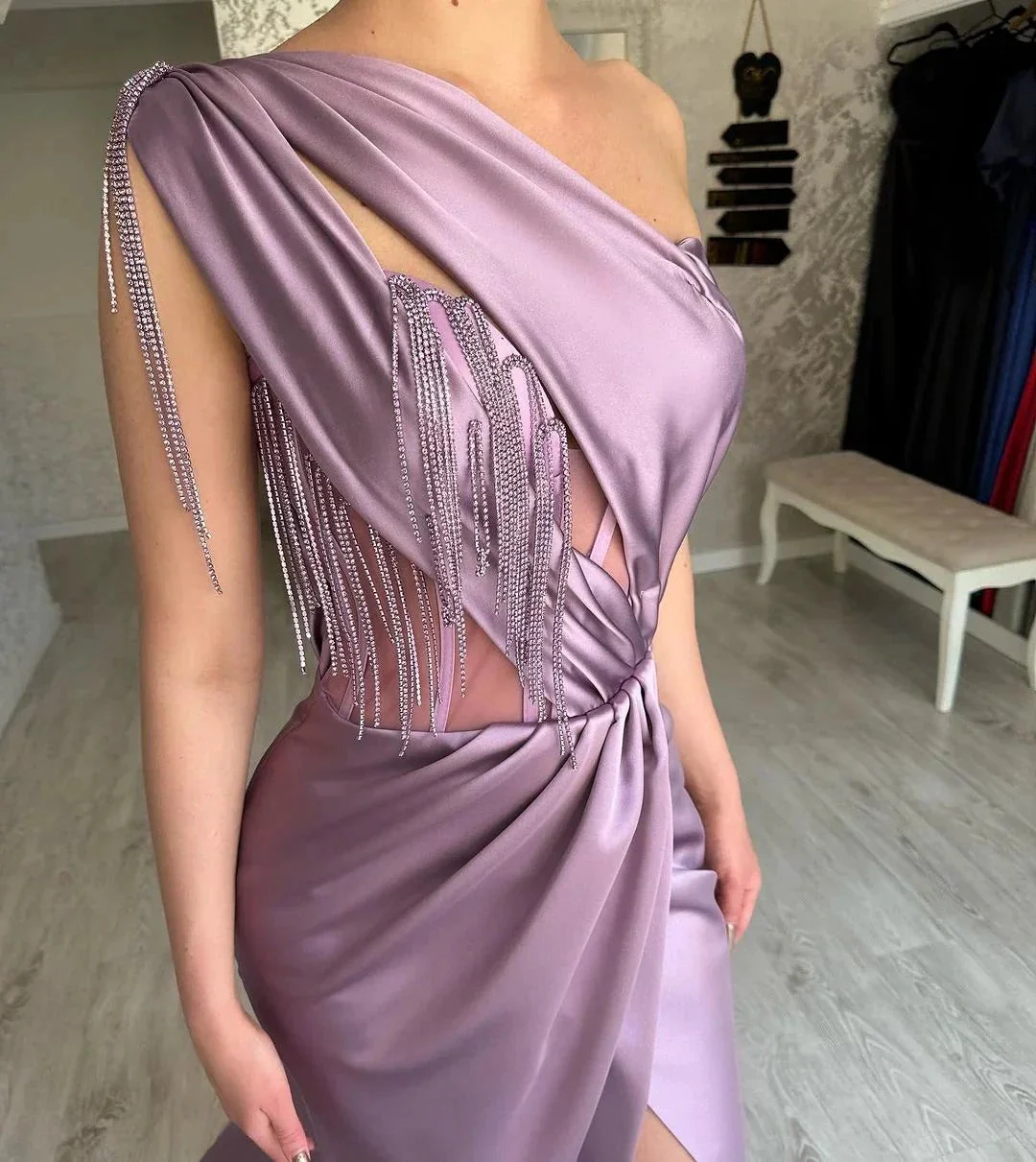 Beautiful Long Purple One Shoulder Beading Sleeveless Prom Dress With Slit - Image 3