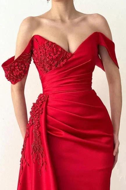 Beautiful Long Red Mermaid Off-the-shoulder Lace Prom Dress - Image 3