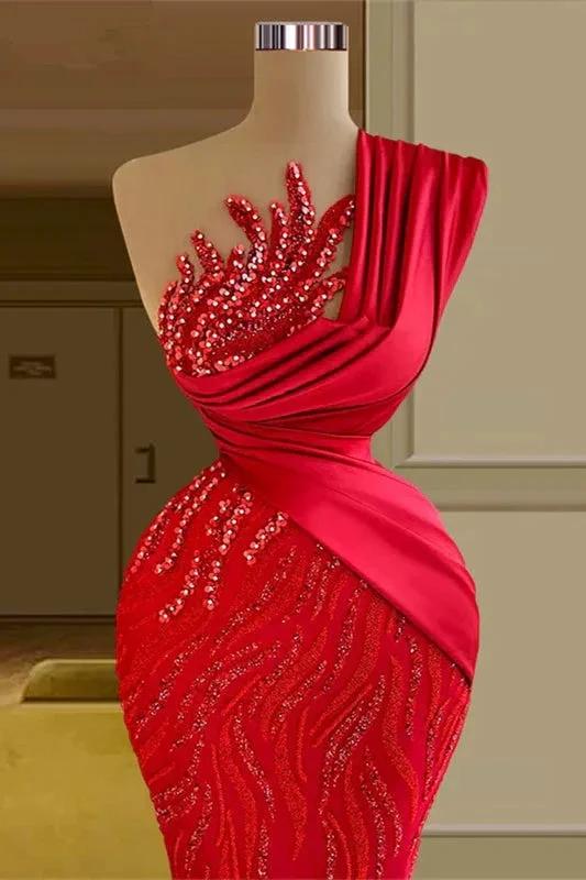 Beautiful Long Red Mermaid One Shoulder Lace Sequined Sleeveless Prom Dress - Image 2